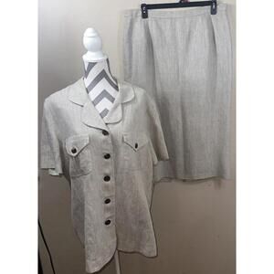 Vtg Y2K Tan Plaza South 100% Linen Long Blouse Skirt Set Sz 18 See Desc